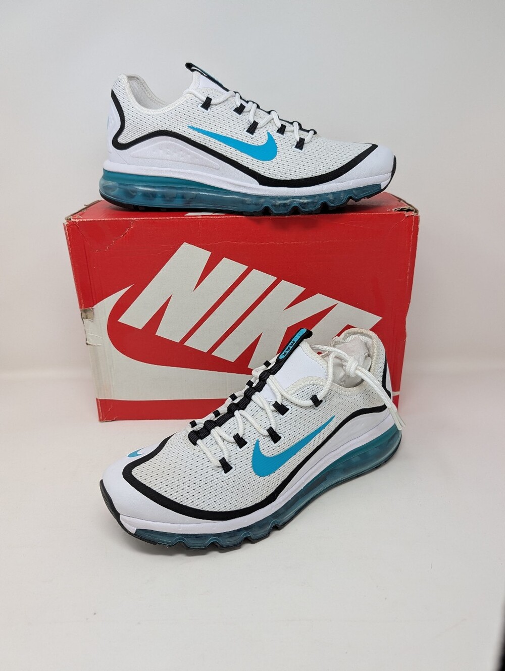 NIB. Nike White and Blue Air Max More Sneakers Size 9.5
